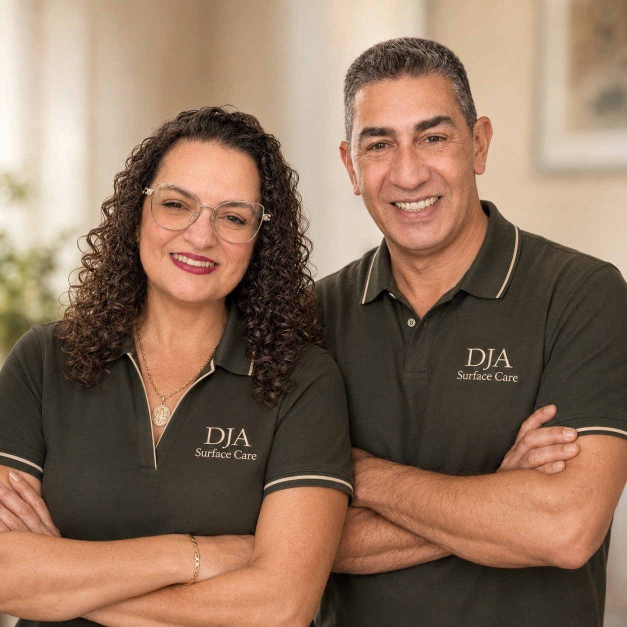 The owners of DJA Surface Care in matching DJA polo shirts