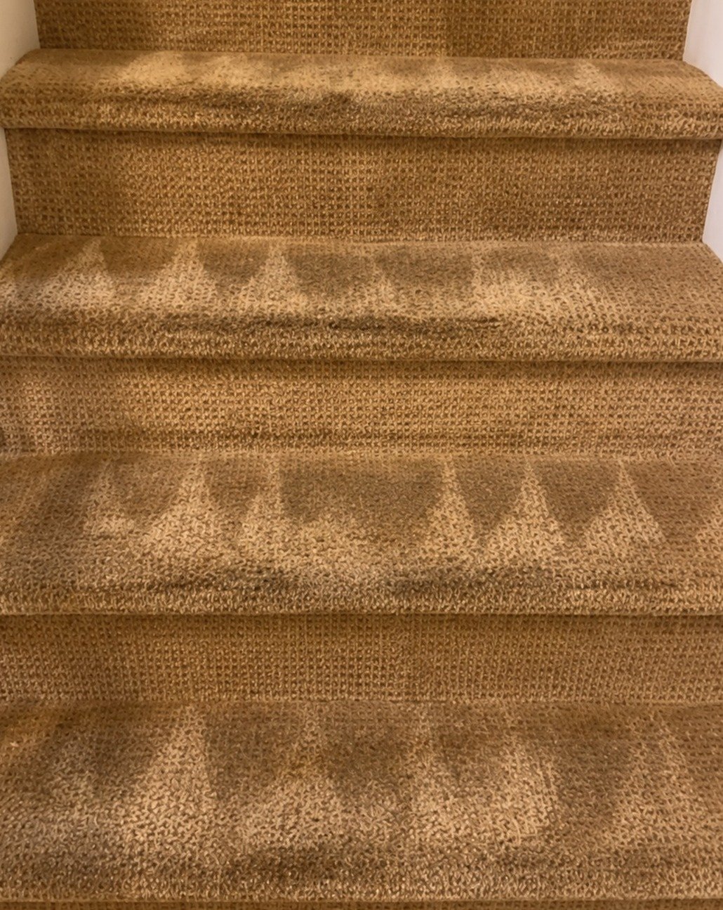 The same staircase runner after steam extraction, evenly clean with the traffic stains lifted